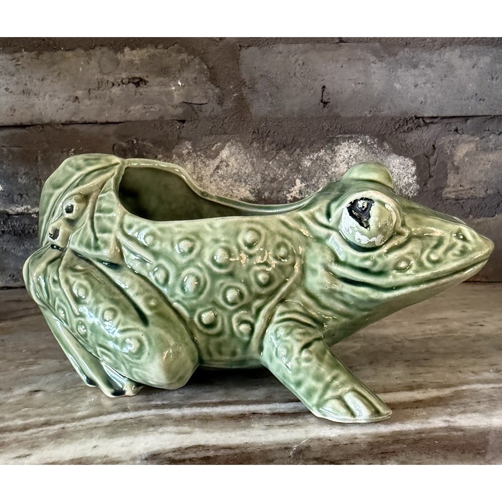 Vintage McCoy USA Green Frog Planter Pottery Ceramic Figural Planter Mid Century